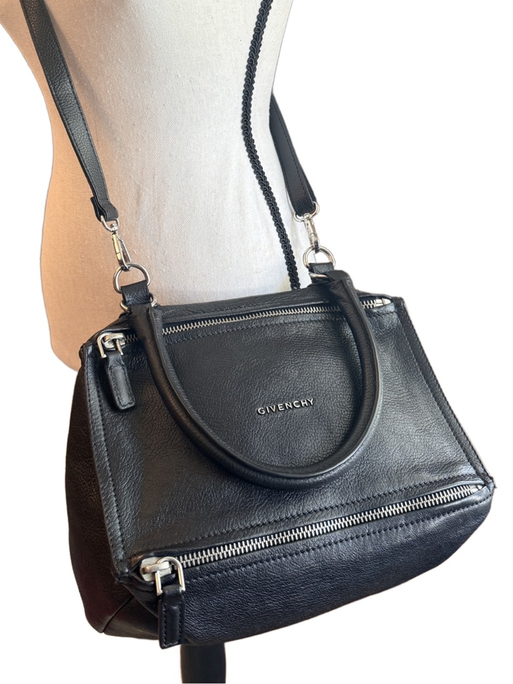 Givenchy Pandora Black Leather Goatskin Satchel with Silver Hardware